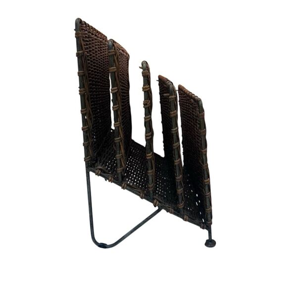 Vtg MCM Desktop Hand Woven Wicker Metal Vinyl Stationary Magazine Rack Holder - Picture 11 of 11